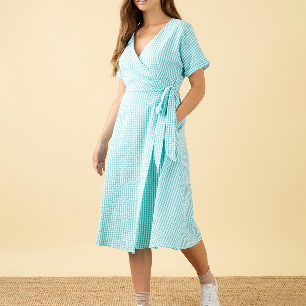 Mint green gingham wrap dress